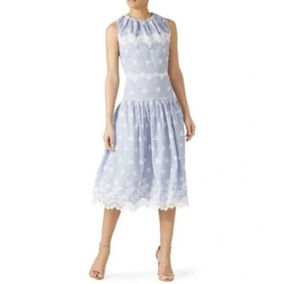 Monique Lhuillier Blue Embroidered Lace Poplin Midi Dress Women's Sz 10 Floral - Picture 1 of 13